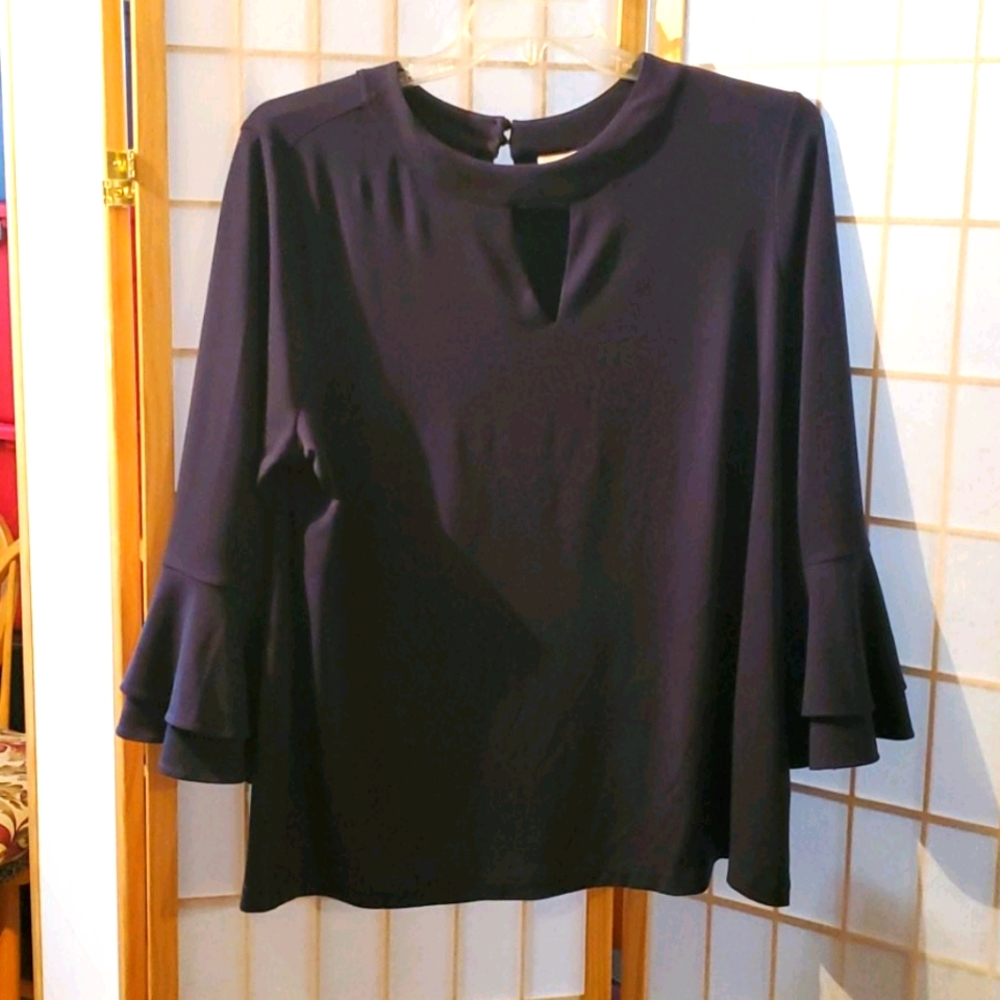 Navy Blue Keyhole Flutter Sleeve Blouse